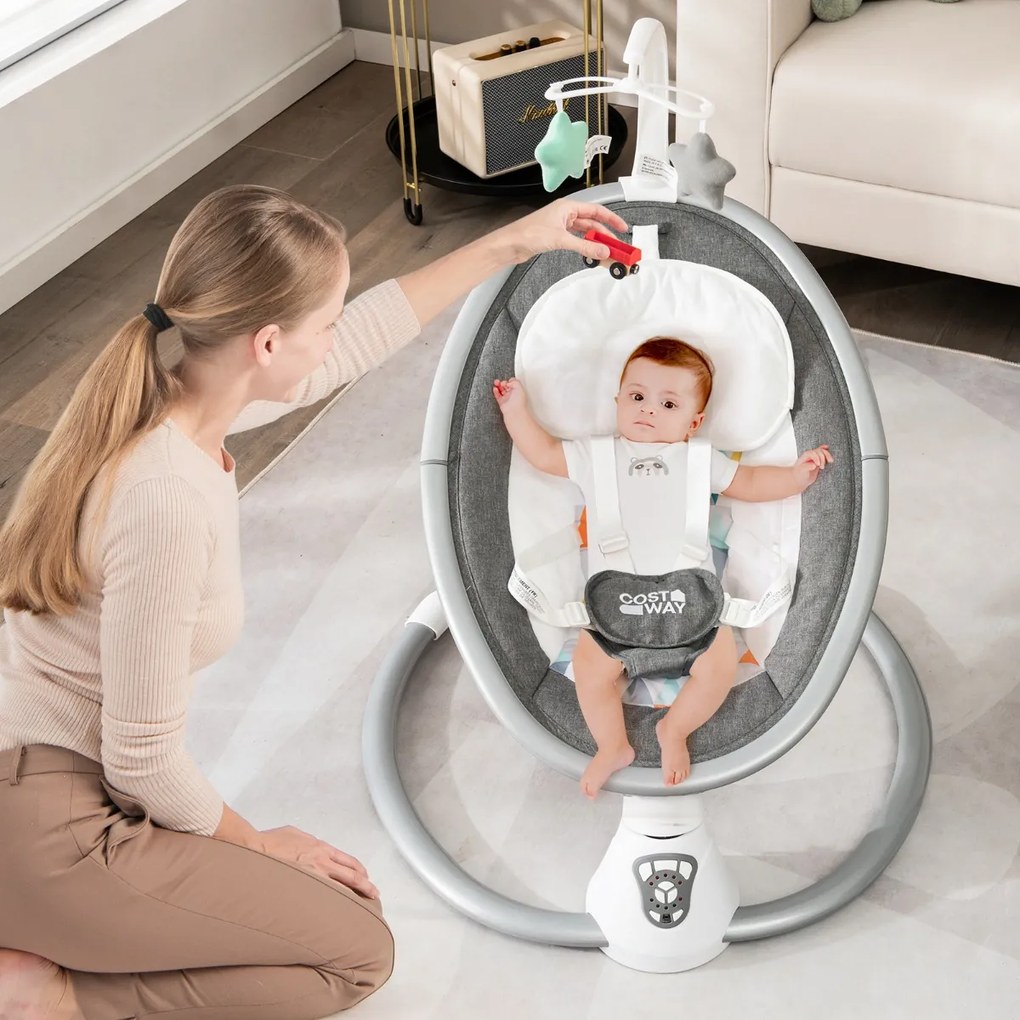 Baloiço elétrico para bebés com 5 níveis de balanço Temporizador Cinto de segurança Cinto de segurança Brinquedos Altifalante e controlo remoto Cinzen