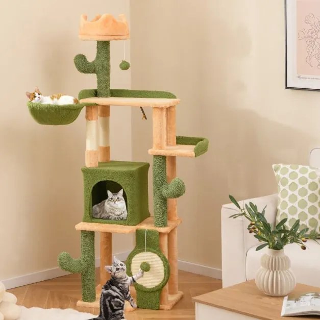 Arranhador para gatos Grande multinível com postes de arranhar de sisal Centro de actividades de brinquedos Verde + Laranja