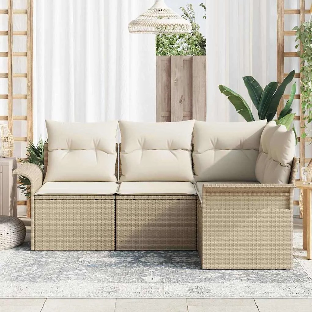 Conjunto de Sofá de Jardim com 4 peças e almofadas bege em poliratã