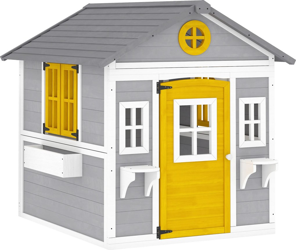 Casa de Madeira Infantil com Porta Janelas Floreiras e Prateleiras Casa de Brincar de Madeira 112x126x135 cm Cinzento