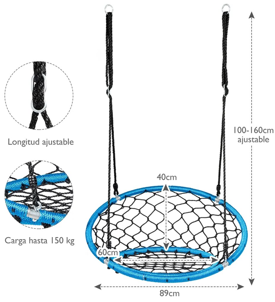 Baloiço Infantil com Cordas Ajustáveis para o Jardim Parque de Árvores Interior e Exterior  Φ 89 cm Azul