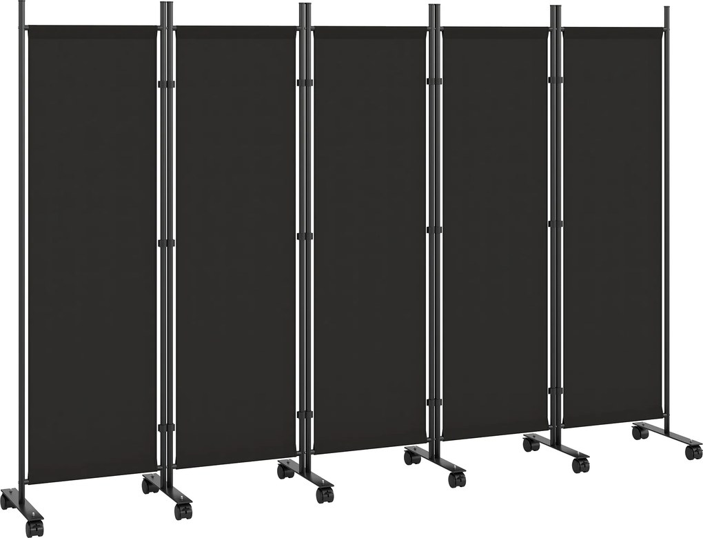 Outsunny Biombo Dobrável de 5 Painéis com 12 Rodas 252x170 cm Biombo Separador de Ambientes Preto | Aosom Portugal