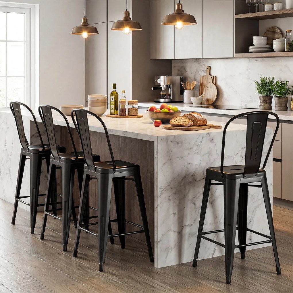 Conjunto de 4 Bancos de Bar com Encosto, 44,5 x 45,5 x 103 cm, Empilháveis, Preto