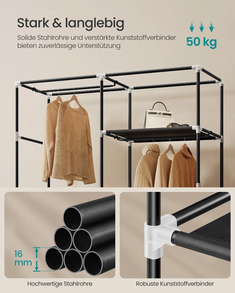 Guarda roupa em tecido 45 x 127 x 180 cm com varão e prateleiras práticas preto