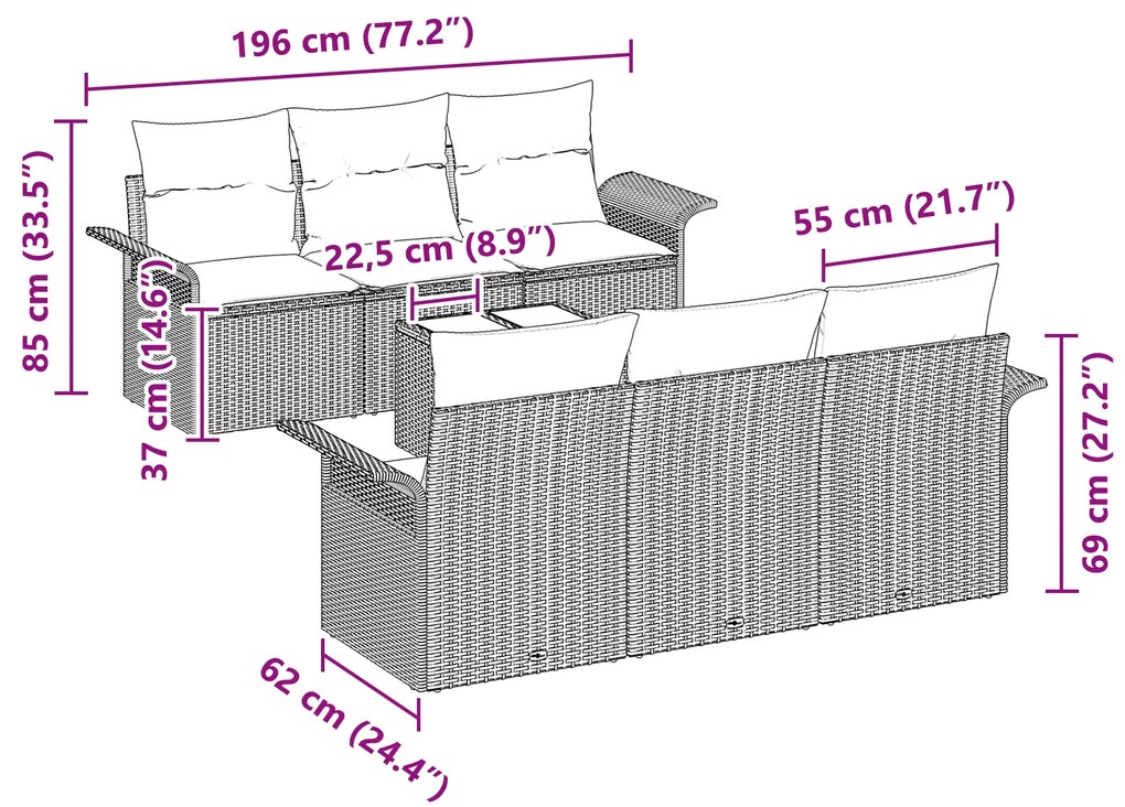 Conjunto de Sofá de Jardim de 7 Peças com Almofadas Cinzento Rattan Po