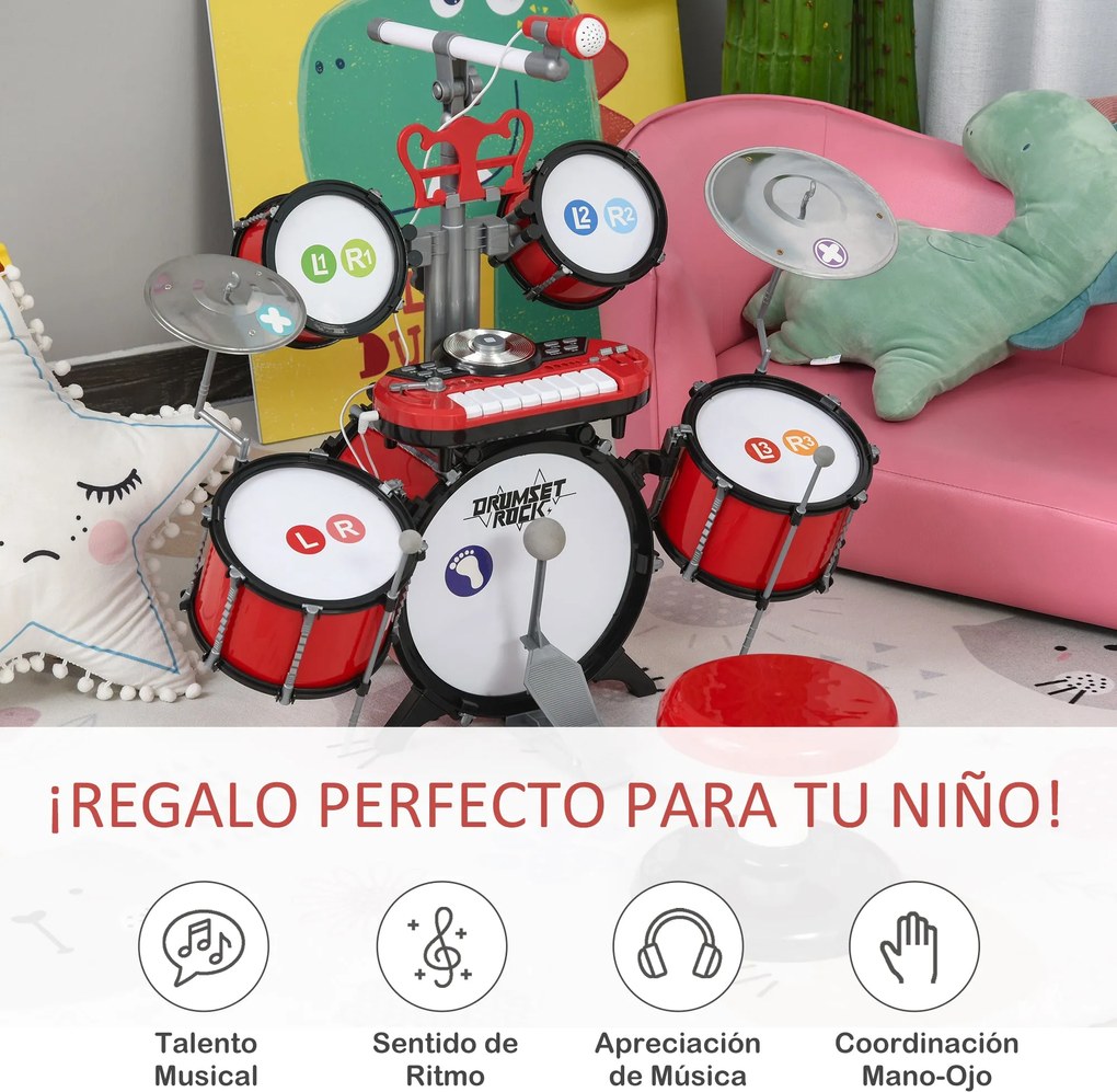 Kit de Bateria Infantil com Teclado, Microfone e Efeitos de DJ – 77,5x