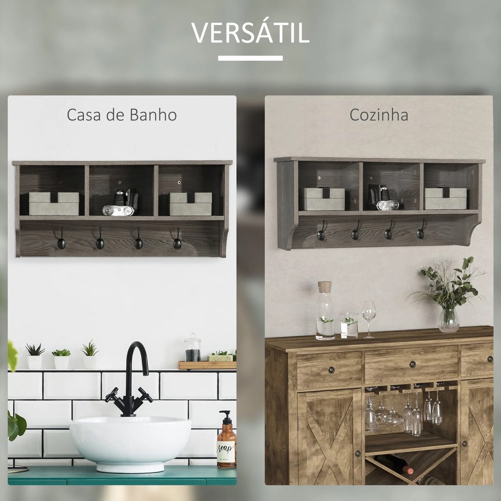 Móvel Cabide de Entrada Prateleira Flutuante com 4 Ganchos e 3 Compartimentos para Roupas Bolsas para Corredor Entrada 80x24x35,5cm Cinza Escuro