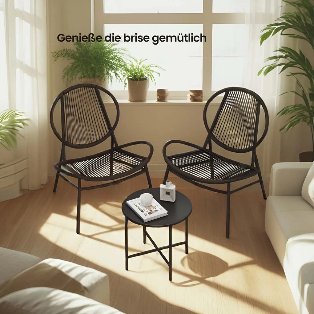 Conjunto de 3 móveis de varanda, conjunto de móveis de jardim com mesa e 2 cadeiras, Polyrattan PE Preto