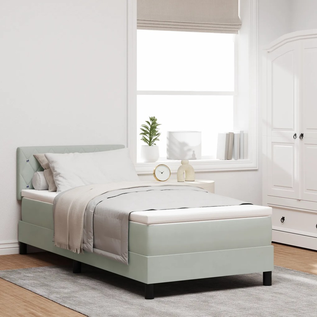 Cama Box com Colchão e Luz LED Cinza Claro 90x200 cm Veludo