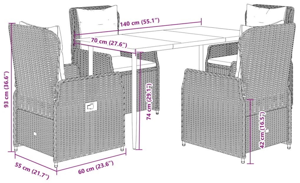 5 pcs conjunto de jantar p/ jardim com almofadões vime PE bege