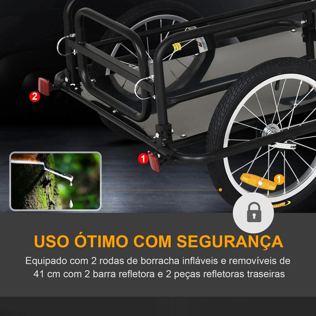 Reboque de bicicleta dobrável para carregamento de bagagem de 40kg com estrutura de aço leve e refletores 139x71,5x49 cm Preto