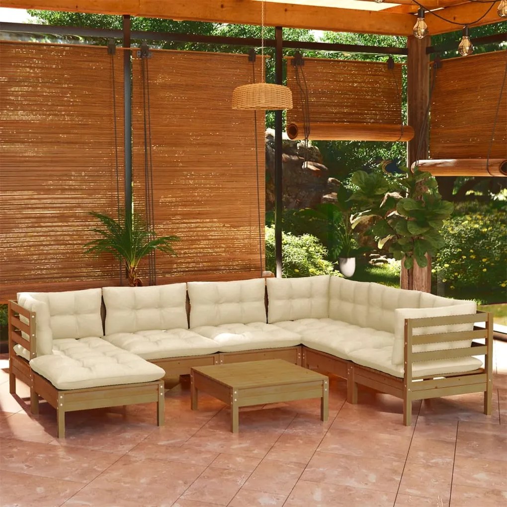 vidaXL 8pcs conj lounge jardim c/ almofadões pinho maciço castanho-mel
