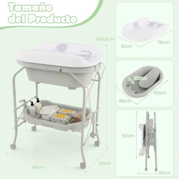 Troca-fraldas com banheira dobrável e portátil para bebés com bandeja de armazenamento e 4 rodas universais com travas, carga 35 kg, cinza
