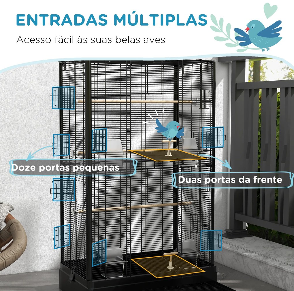 Gaiola para Pássaros 61x36,5x98 cm com Portas Poleiros Bandeja Removível e Alças para Canários Periquitos Preto