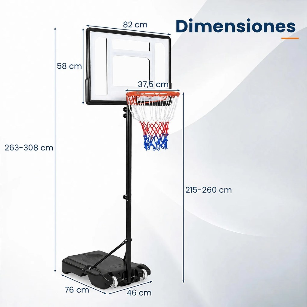 Cesto de Basquetebol Portátil, 76 x 46 x 263–308, Altura Regulável em 5 Níveis, Preto