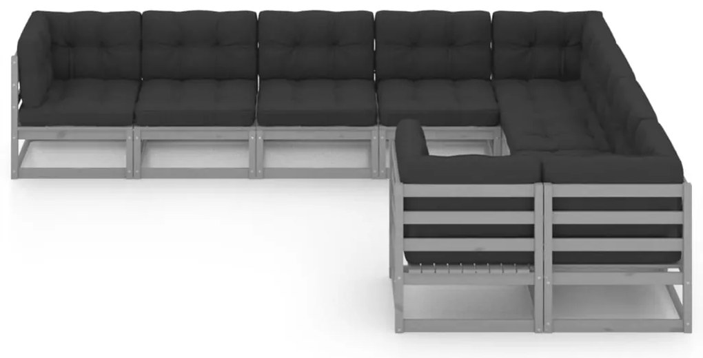 9pcs conjunto lounge de jardim c/ almofadões pinho maciço cinza