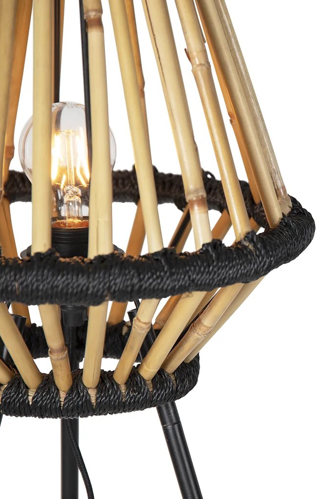 Candeeiro de pé tripé oriental bambu com preto - Evalin