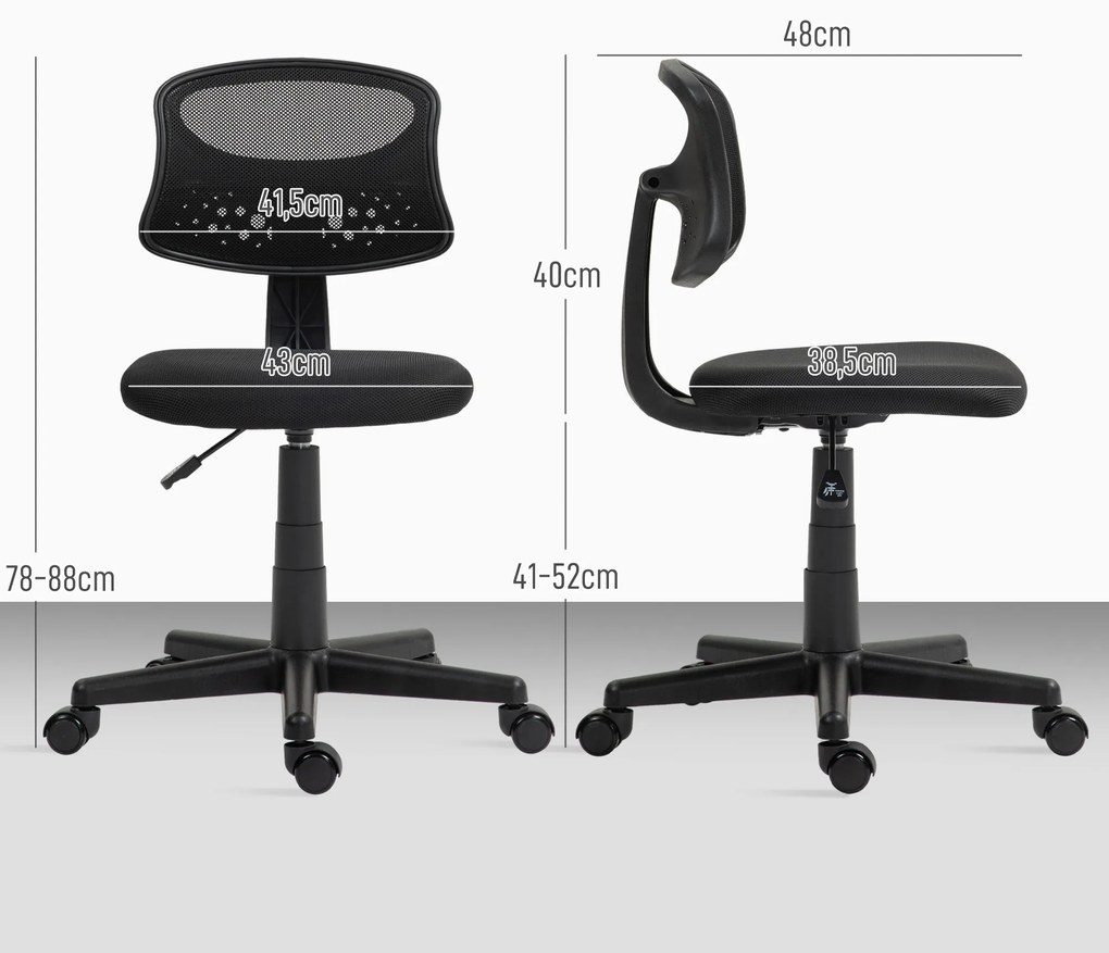 Cadeira de Escritório sem Apoio para os Braços com Encosto de Malha Respirável Altura Ajustável 43x48x78-88 cm Preto