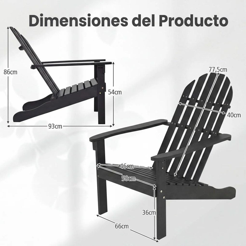 Conjunto de 2 Cadeiras Adirondack (MESA NÃO INCLUIDA), 93 x 66 x 86 cm, Madeira Maciça de Acácia, Preto