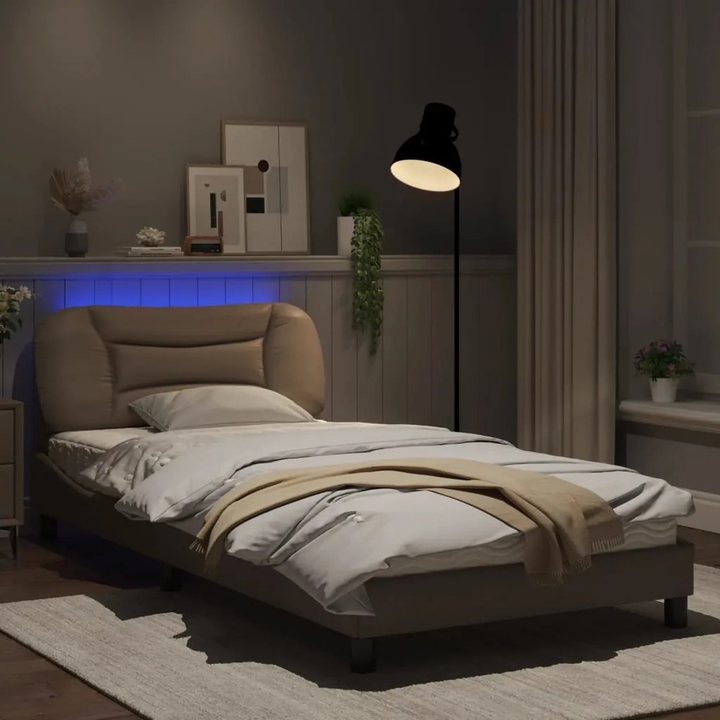 Estrutura cama c/ luzes LED 100x200 cm couro artif. cappuccino