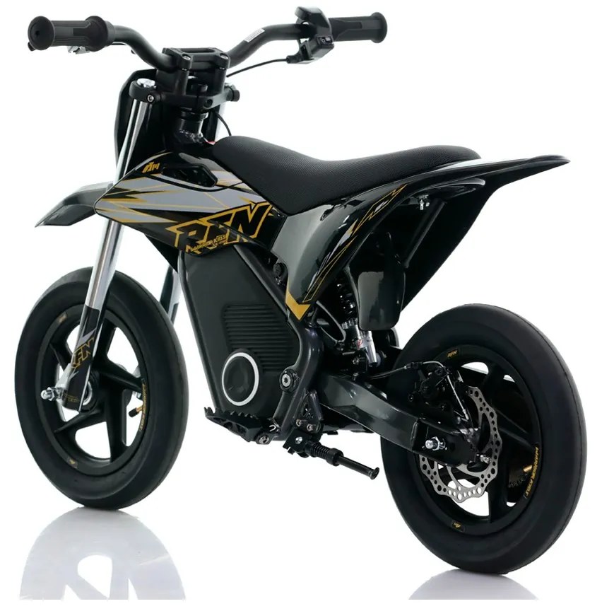 Mini moto eléctrica velocidade até 13 Km/h C/Limitador RFN Warrior Kids SX-E150 150W 12/12” Supermotard Preto e Dourada