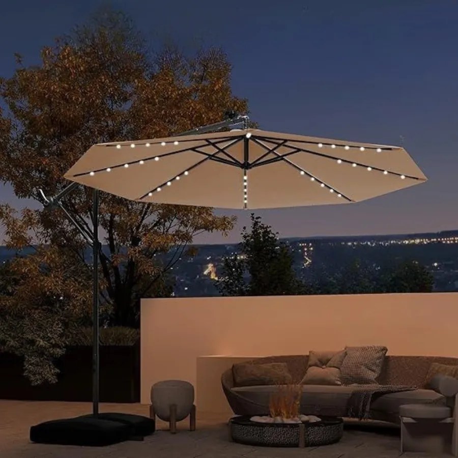 Guarda-sol de jardim Ø 3 m com 40 luzes LED solares, inclinável com manivela, com base saco de areia, proteção UV impermeável, bege