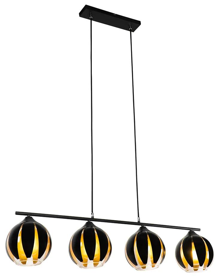 Candeeiro de suspensão de design preto com 4 luzes douradas - MELONE Moderno