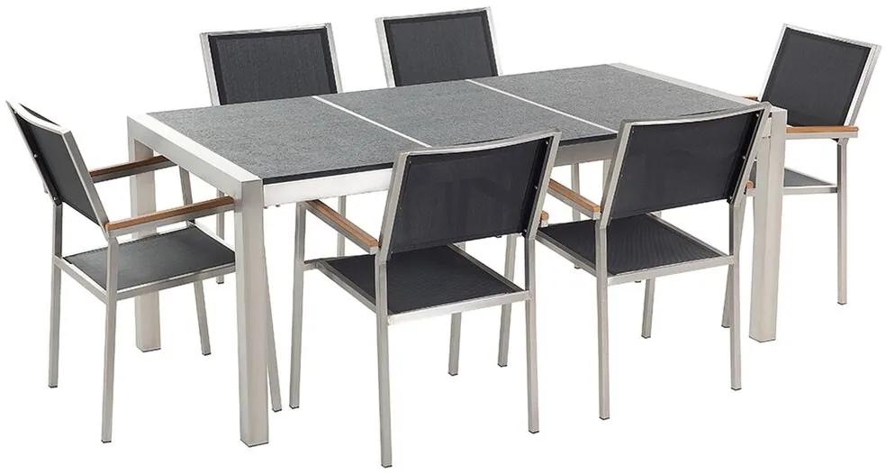 Conjunto de jardim em aço e basalto preto flamejado mesa 180 x 90 cm e 6 cadeiras em fibra têxtil GROSSETO Beliani