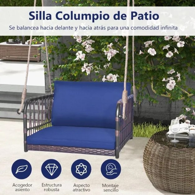 Baloiço de vime Jardim para 1 pessoa Assento suspenso com almofadas de assento Encosto Estrutura metálica robusta 2 cordas para alpendre Azul