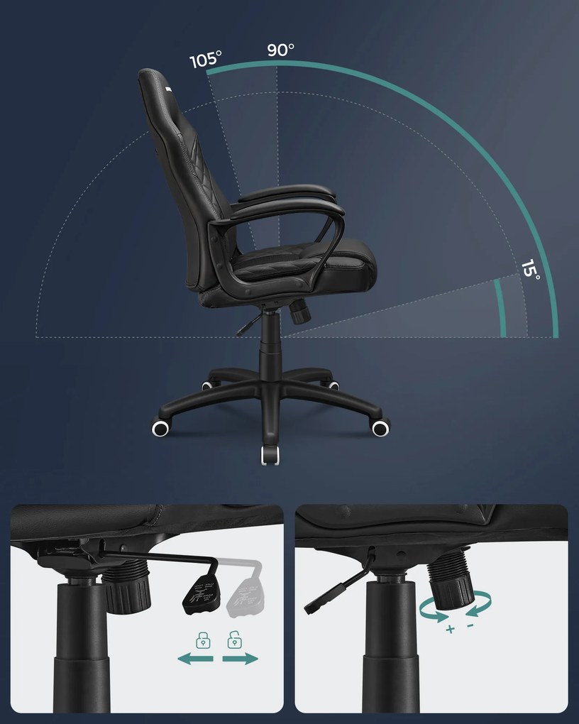 Cadeira gaming ergonómica e ajustável preta