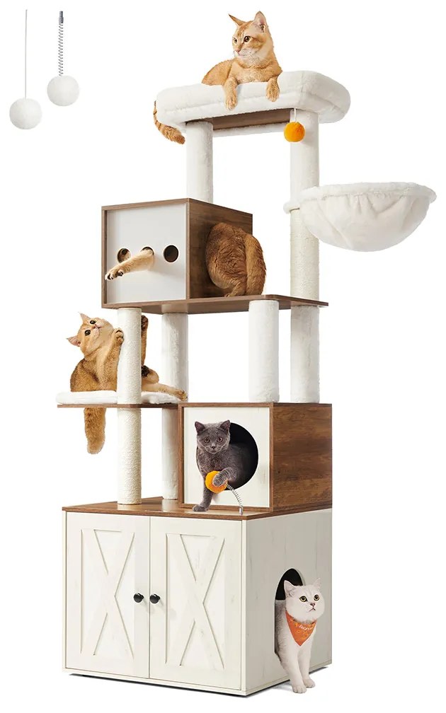 Arranhador para gatos 2 em 1 com armário para caixa de areia, 180 cm de altura, castanho mel e branco vintage