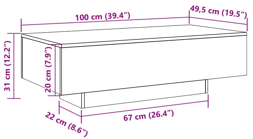 Mesa centro 100x49,5x31 cm derivados madeira carvalho artisiano