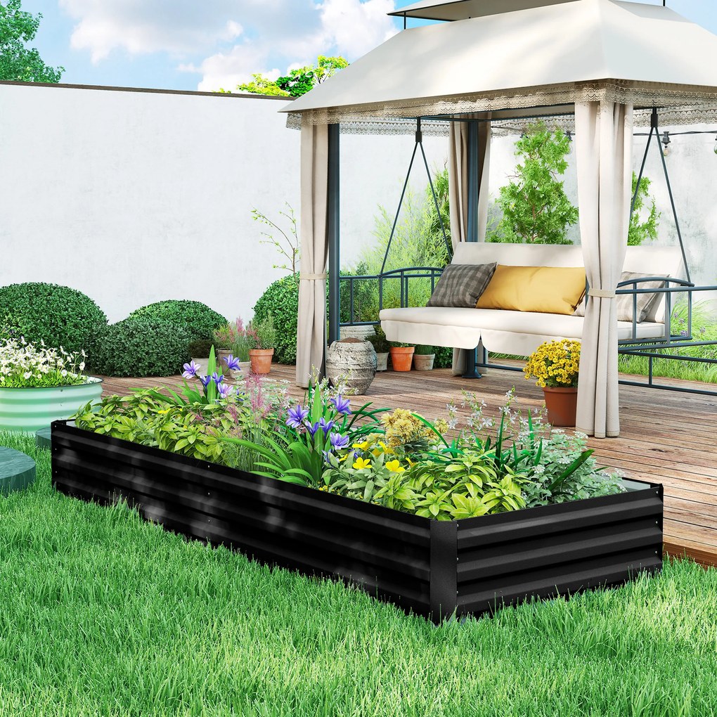 Floreira de Jardim Retangular, 241 x 90,5 x 30 cm, Chapa de Aço Ondulada, Preta