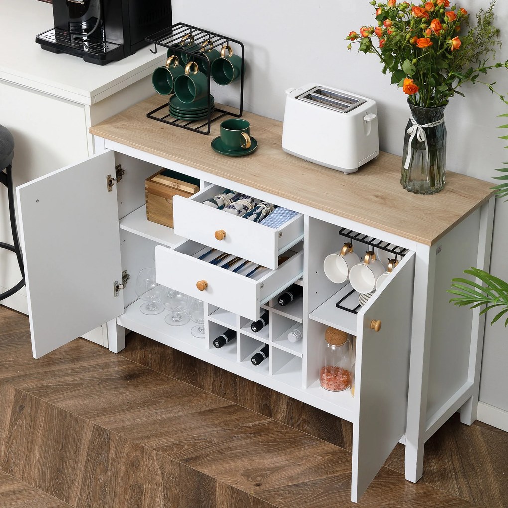 HOMCOM Aparador de Cozinha Moderno com 2 Gavetas 2 Armários com Prateleiras Ajustáveis e Suporte para 9 Garrafas Móvel Auxiliar de Armazenamento para Sala de Jantar Sala de Estar 110x35x75cm Branco