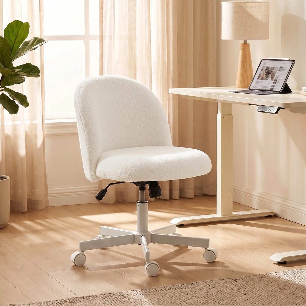 Cadeira de escritório ergonómica, reclinável em tecido bouclé sem braços, altura ajustável, creme