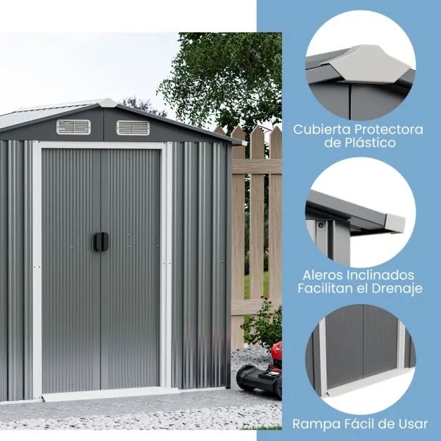 Abrigo Jardim 196 x 142 cm de armazenamento para exterior com 4 ventilações Portas Rampa Luvas Organizador de ferramentas Cinza