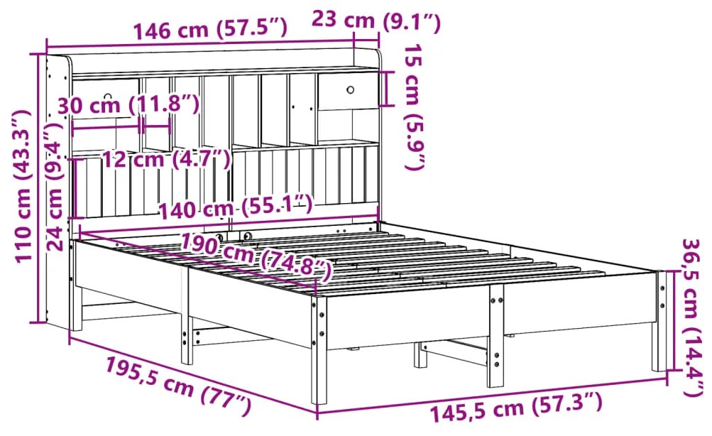 Cama com estante sem colchão 140x190 cm pinho maciço