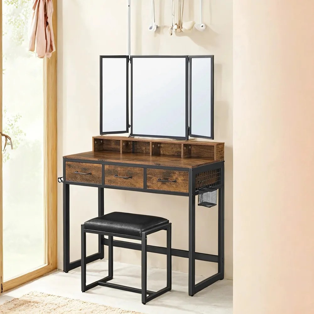 Conjunto toucador com banco estofado com espelho triplo, 3 gavetas 90 x 40 x 141 cm castanho vintage-preto