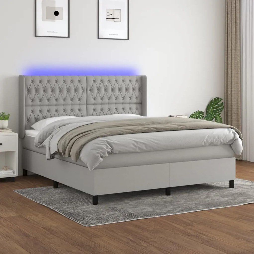 Cama box spring c/ colchão e LED 160x200 cm tecido cinza-claro