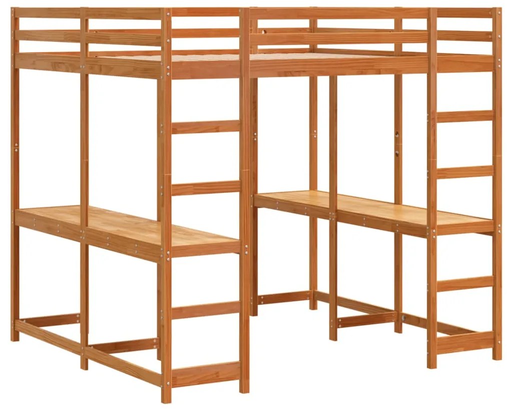 Cama alta com secretária e escada pinho maciço castanho-mel