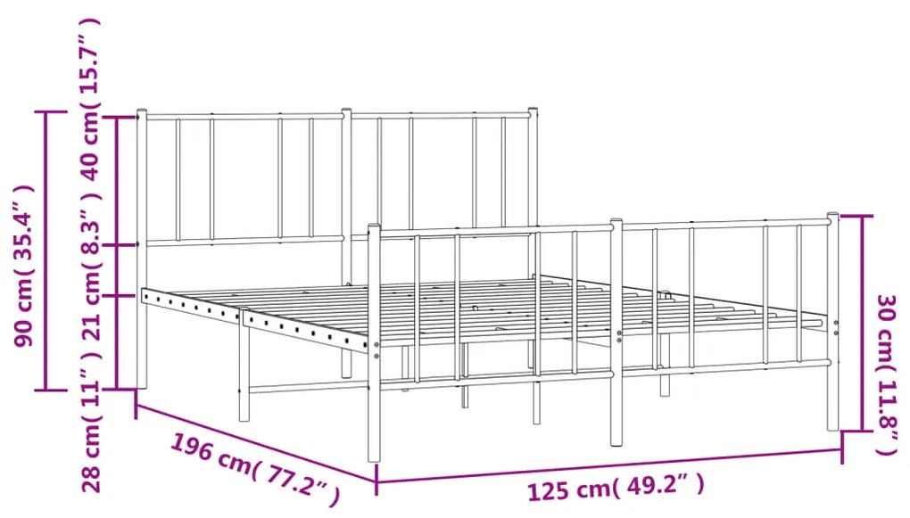 Estrutura de cama com cabeceira e pés 120x190 cm metal branco