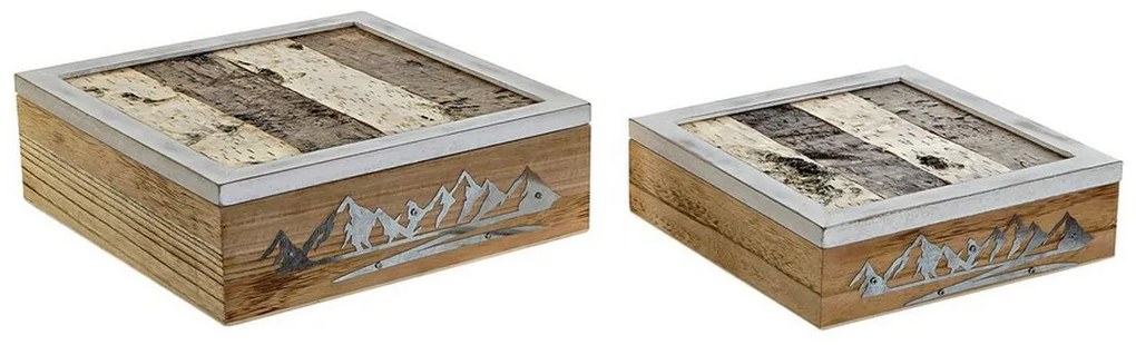Jogo de Caixas Decorativas DKD Home Decor 8424001775835 Metal Madeira Castanho Branco 24 x 24 x 7,5 cm Madeira MDF (2 Unidades)