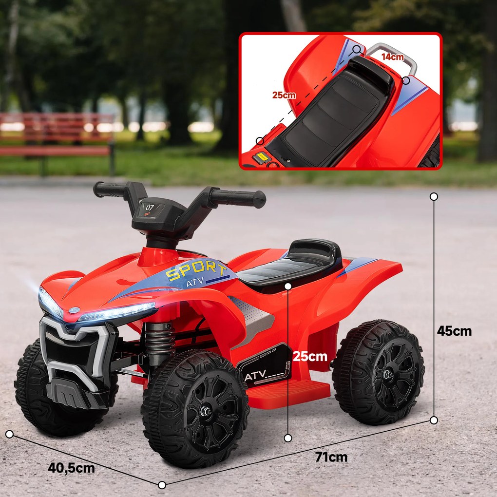 Moto 4 elétrica infantil de 6 V, carro elétrico para crianças com velocidade de 2,5 km/h, para crianças dos 18 aos 36 meses, 71 x 40,5 x 45 cm, vermel