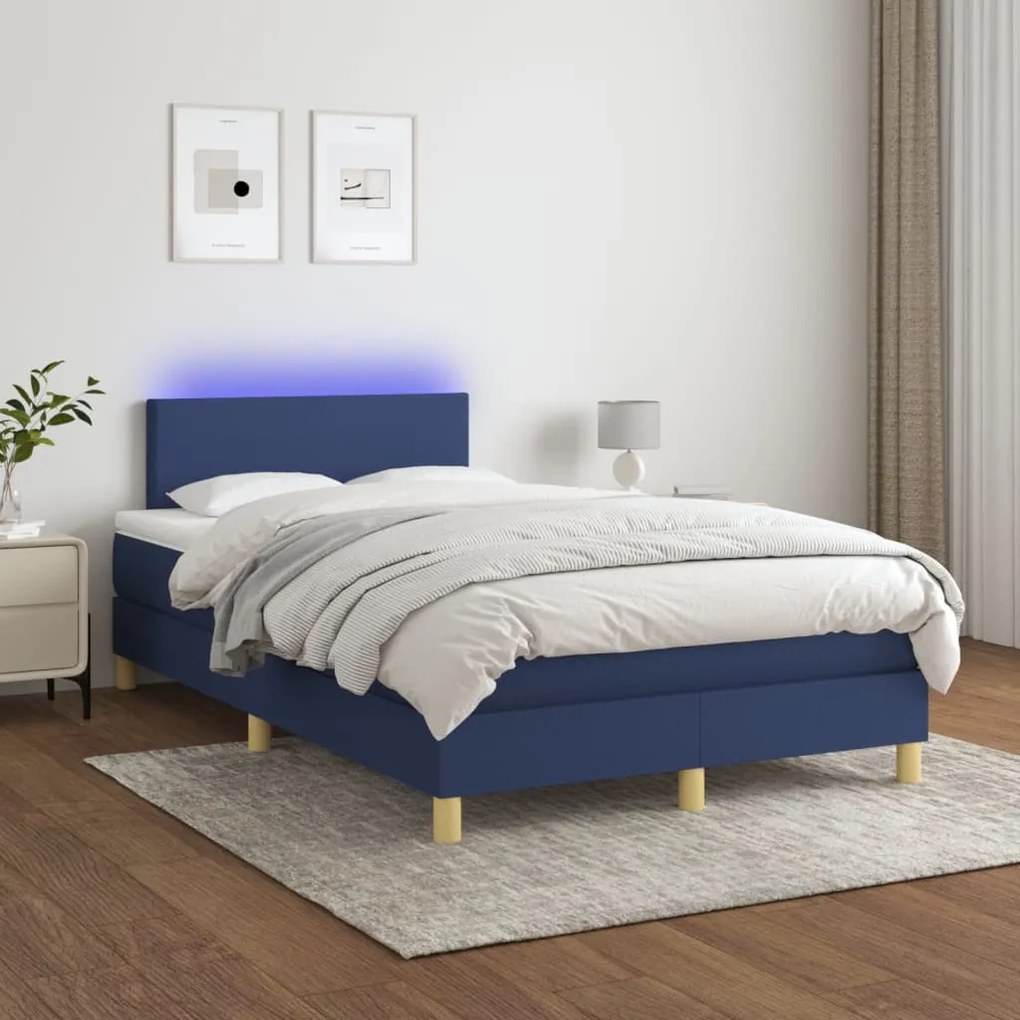 vidaXL Cama box spring c/ colchão e LED 120x200 cm tecido azul