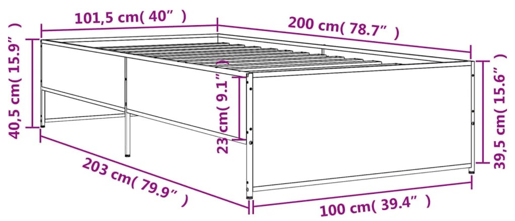 Estrutura de cama 100x200 cm derivados de madeira/metal preto