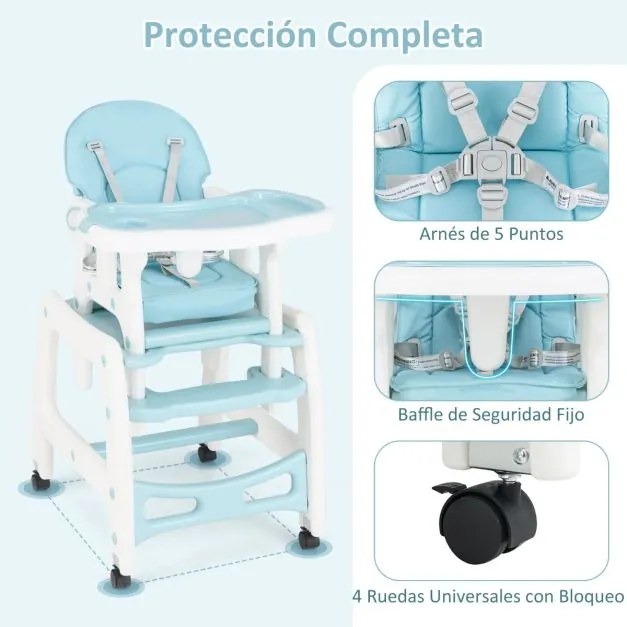 Cadeira alta 3 em 1 refeição bebés conversível em mesa e cadeira para crianças de 6 a 36 meses com bandeja removível, almofada, encosto com 3 níveis e