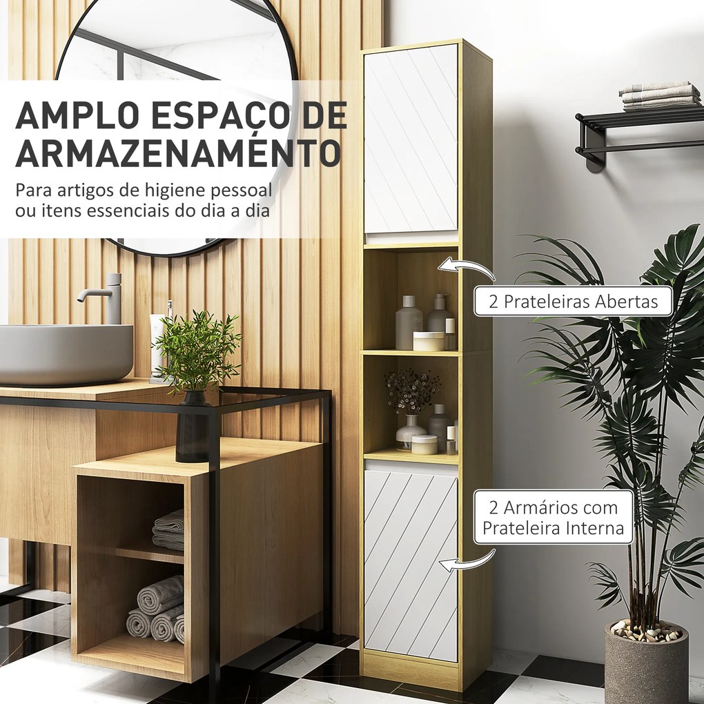 Coluna Casa de Banho com 2 Prateleiras Abertas Armário Alto para Casa de Banho 30x24x170 cm Madeira e Branco