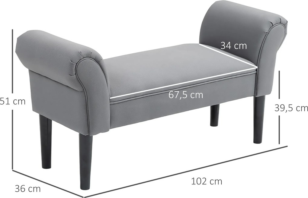 Banco de Pé de Cama Estofado em Linho Sintético com Pés de Madeira Braços e Assento Acolchoado Cinzento Escuro