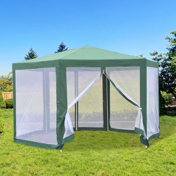 Tenda para Festas Hexagonal 390x250cm com Tela Mosquiteira para Jardim Terraço Resistente à Água Poliéster Verde