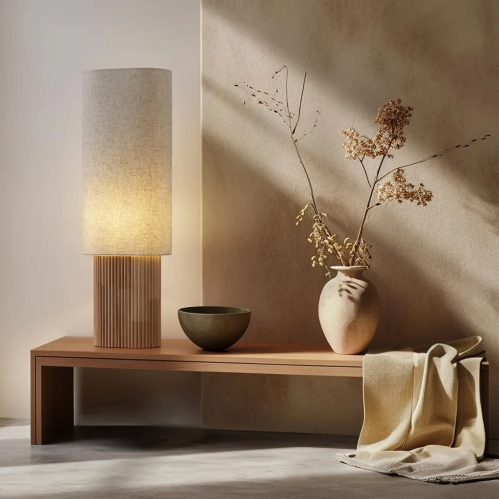 Candeeiro de pé Japandi madeira com abajur de linho 90cm - Lamel